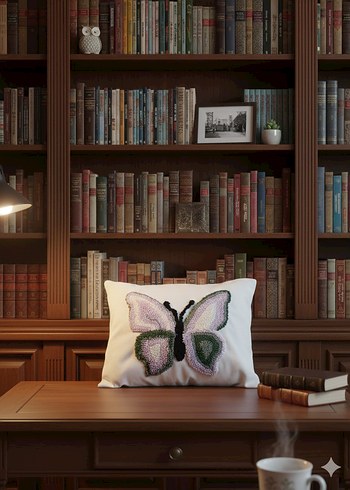 Nakışlı Mor Kelebekli Kırlent Panch tekniği ile işlenmiştir - Görsel 2