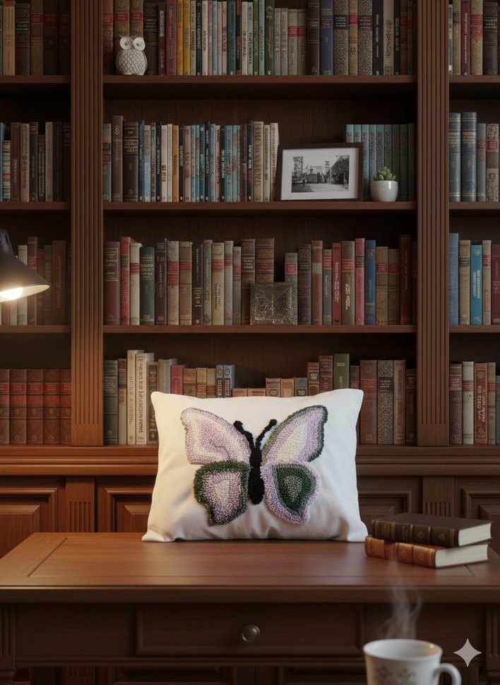 Nakışlı Mor Kelebekli Kırlent Panch tekniği ile işlenmiştir - Görsel 2