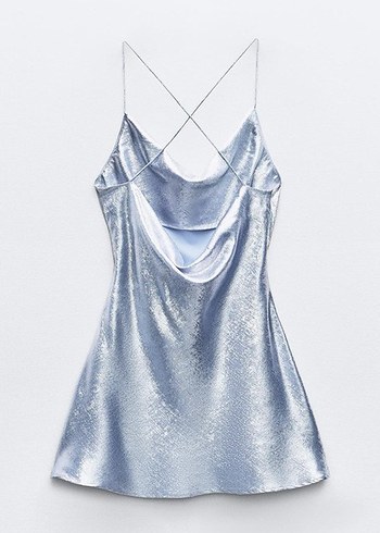 Zara Zara parlak Mavi Drapeli Midi Mini Elbise