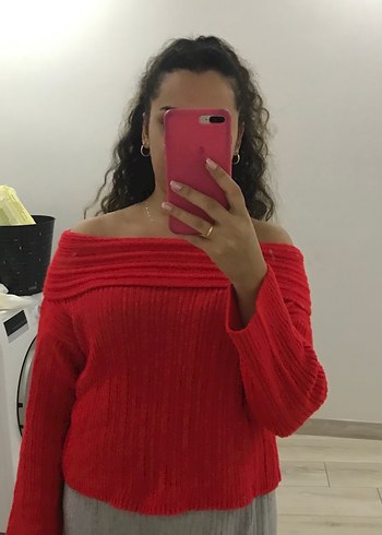 Kadın Kırmızı Boğazlı Triko Kazak - Görsel 6