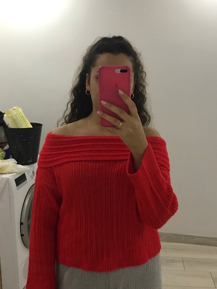 Kadın Kırmızı Boğazlı Triko Kazak - Görsel 4