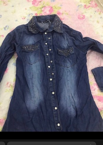 Taş Detaylı Mavi Denim Kadın Gömlek - Görsel 3