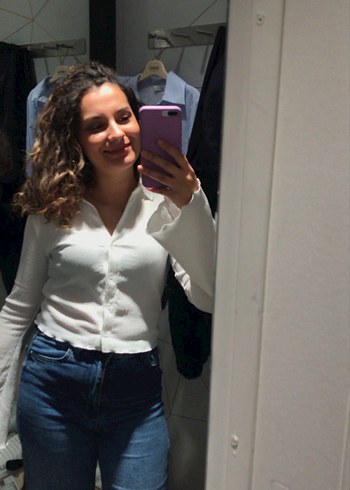 Beyaz Düğmeli Uzun Kollu Keten Kadın Gömlek - Görsel 3