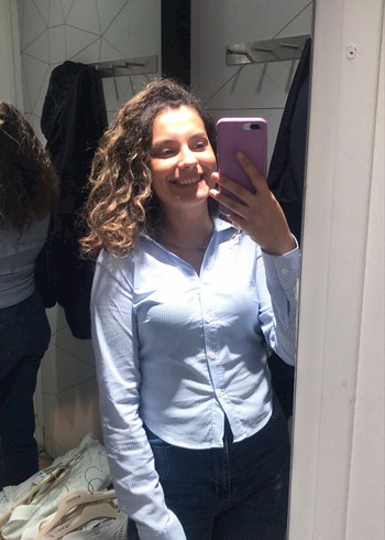 Mavi Çizgili Pamuklu Kadın Gömlek - Görsel 3