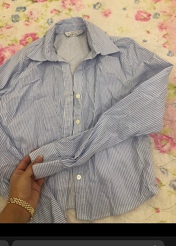 Mavi Çizgili Pamuklu Kadın Gömlek - Görsel 4