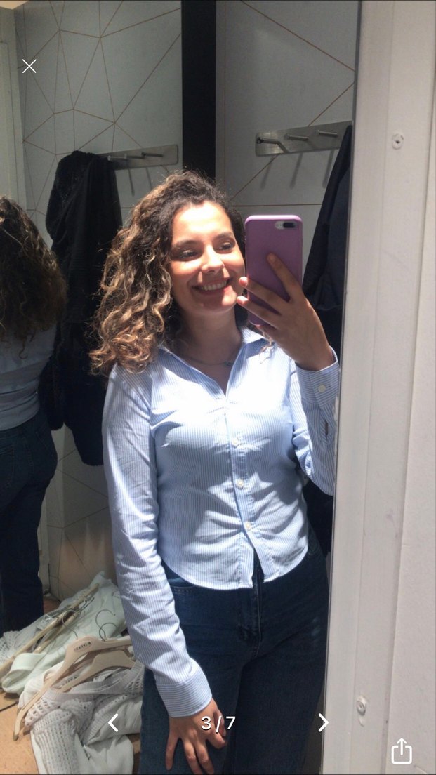 Mavi Çizgili Pamuklu Kadın Gömlek - Görsel 3