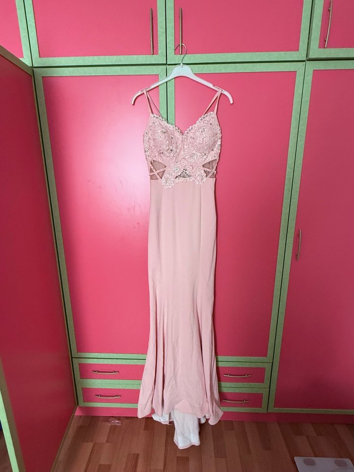 Pudra Pembe V Yaka Uzun Askılı Abiye Elbise - Görsel 2