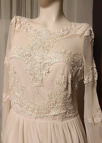 Vintage Nakışlı Uzun Kollu Beyaz Uzun Elbise - Görsel 8