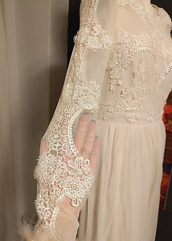 Vintage Nakışlı Uzun Kollu Beyaz Uzun Elbise - Görsel 3