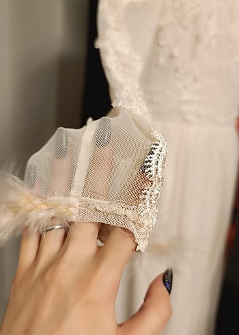 Vintage Nakışlı Uzun Kollu Beyaz Uzun Elbise - Görsel 4