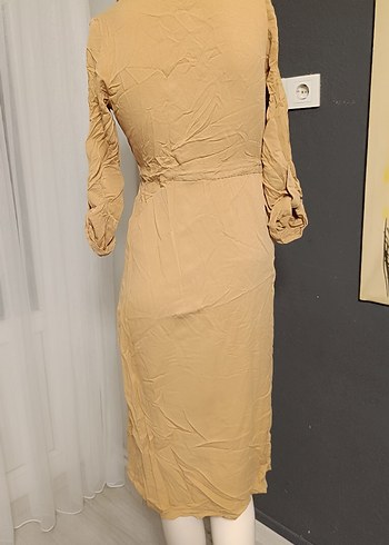 Bej Kemerli Uzun Keten Elbise - Görsel 8