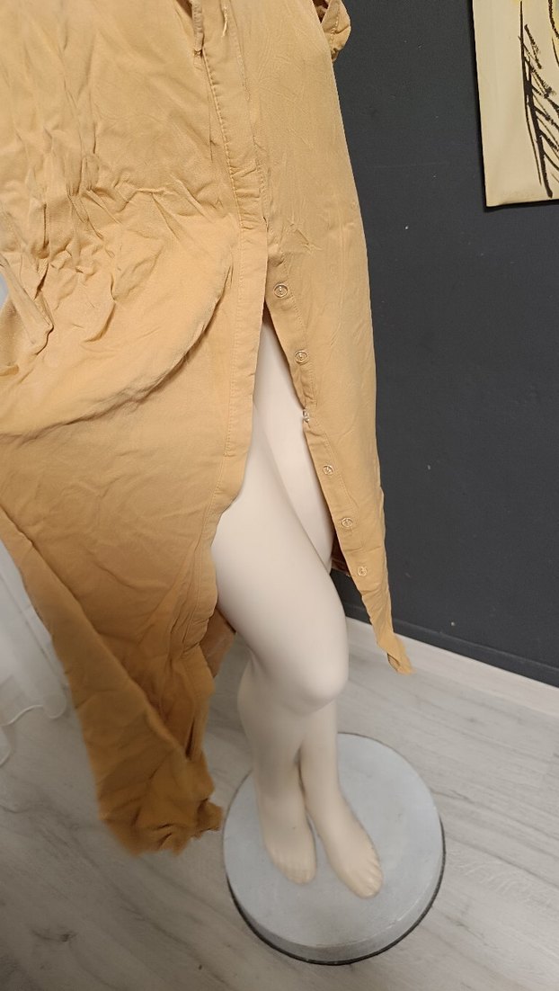 Bej Kemerli Uzun Keten Elbise - Görsel 2