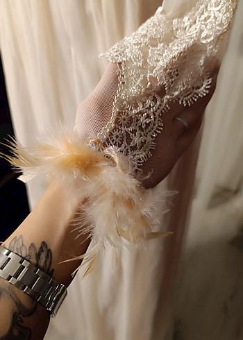 Uzun Kollu Nakışlı Beyaz Vintage Gelinlik - Görsel 6