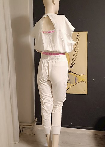 Kadın Beyaz Kemerli Mini Pamuklu Eşofman - Görsel 6