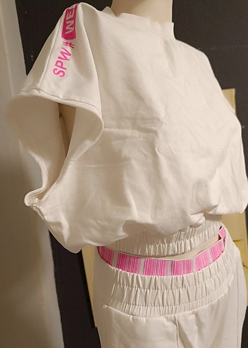 Kadın Beyaz Kemerli Mini Pamuklu Eşofman - Görsel 3