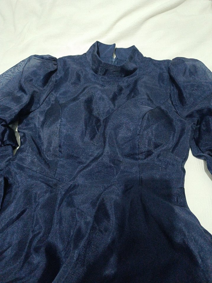 Lacivert Drapeli Uzun Kollu Kadın Elbise - Görsel 2