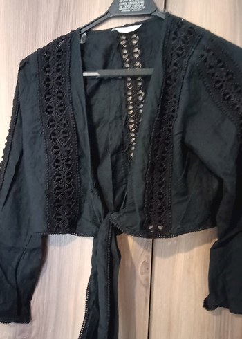 Nakışlı Siyah Kız Bolero, Kuşaklı, Uzun Kollu - Görsel 2