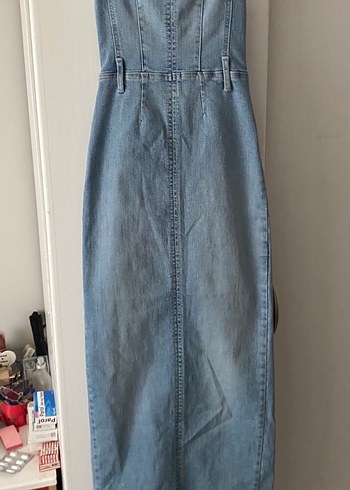 Pull and Bear Mavi Straplez Midi Denim Elbise