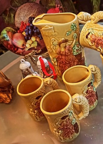 Sarı Tankart ,Figürlü Seramik Sürahi ve Bardaklar, - Görsel 6