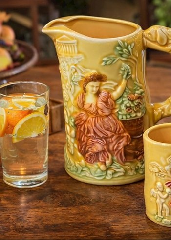 Sarı Tankart ,Figürlü Seramik Sürahi ve Bardaklar, - Görsel 3