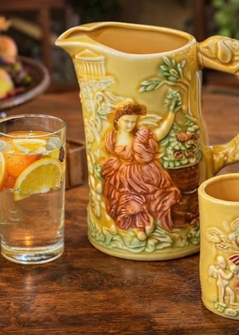 Sarı Tankart ,Figürlü Seramik Sürahi ve Bardaklar, - Görsel 4