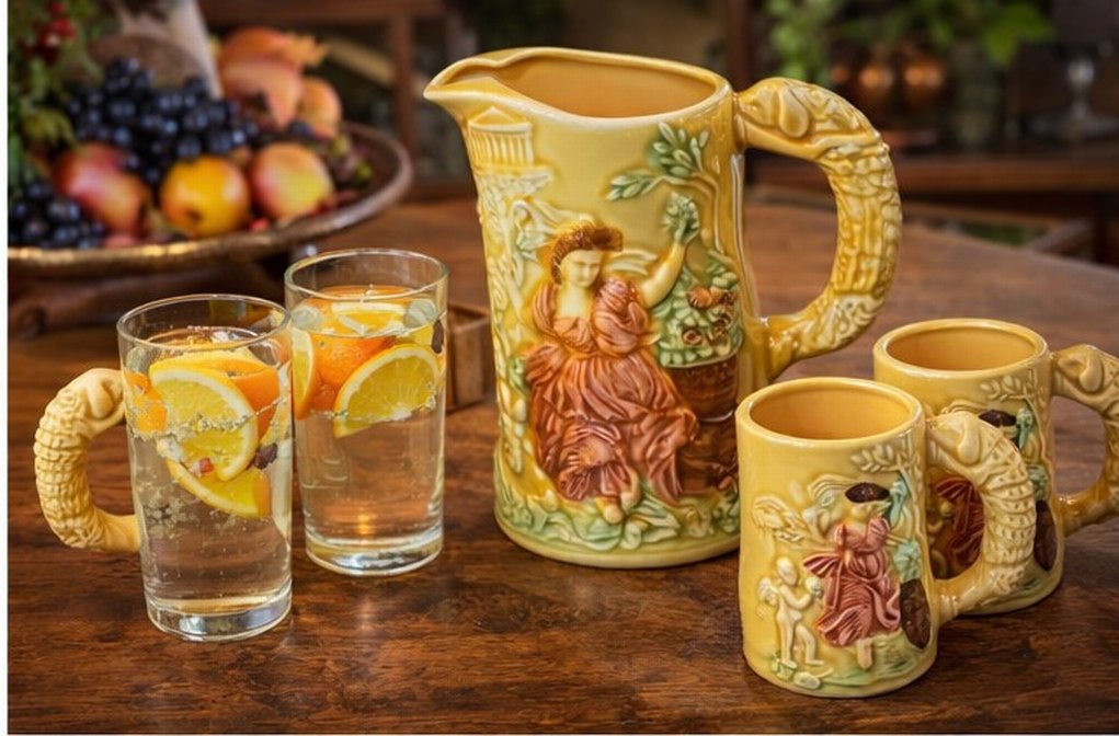 Sarı Tankart ,Figürlü Seramik Sürahi ve Bardaklar, - Görsel 3