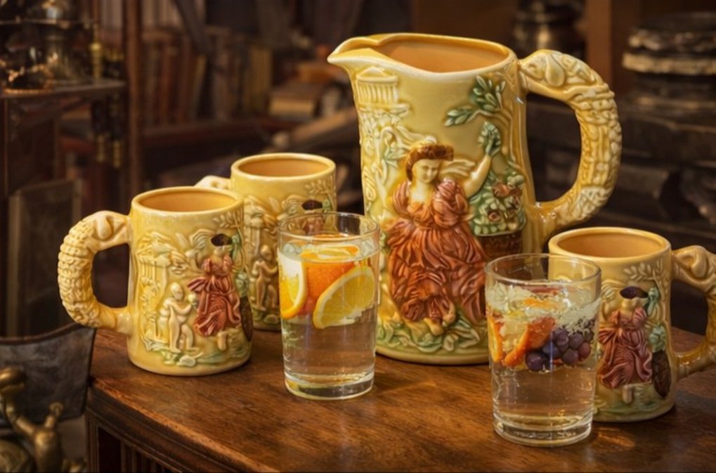 Sarı Tankart ,Figürlü Seramik Sürahi ve Bardaklar, - Görsel 2