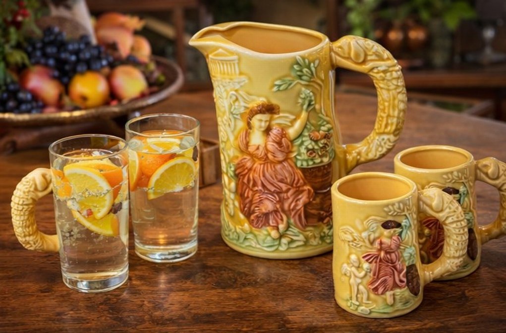 Sarı Tankart ,Figürlü Seramik Sürahi ve Bardaklar, - Görsel 4