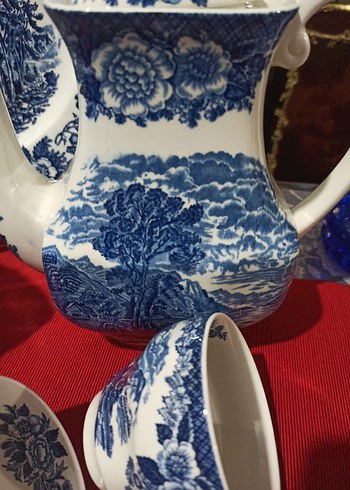 İngilis. Mavi Desenli Porselen Çay Takımı. 16 adet. - Görsel 5