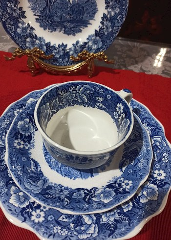 İngiliz, Antika,Mavi Desenli Tabak ve Fincan Seti - Görsel 3