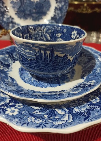 İngiliz, Antika,Mavi Desenli Tabak ve Fincan Seti - Görsel 2