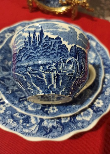 İngiliz, Antika,Mavi Desenli Tabak ve Fincan Seti - Görsel 4