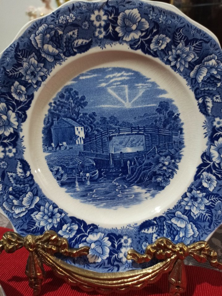 İngiliz, Antika,Mavi Desenli Tabak ve Fincan Seti - Görsel 5