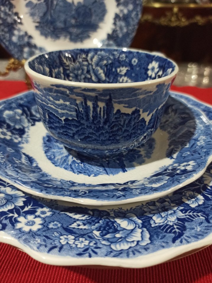 İngiliz, Antika,Mavi Desenli Tabak ve Fincan Seti - Görsel 2