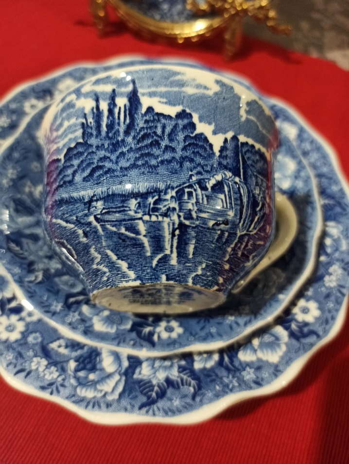 İngiliz, Antika,Mavi Desenli Tabak ve Fincan Seti - Görsel 4