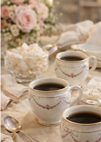 limoges , Beyaz Çiçek Desenli Porselen 6'lı  kahve Fincan Takımı - Görsel 2