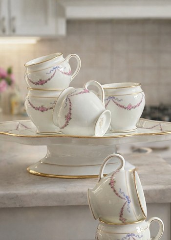 limoges , Beyaz Çiçek Desenli Porselen 6'lı  kahve Fincan Takımı - Görsel 3