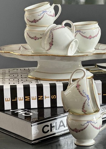 limoges , Beyaz Çiçek Desenli Porselen 6'lı  kahve Fincan Takımı - Görsel 4