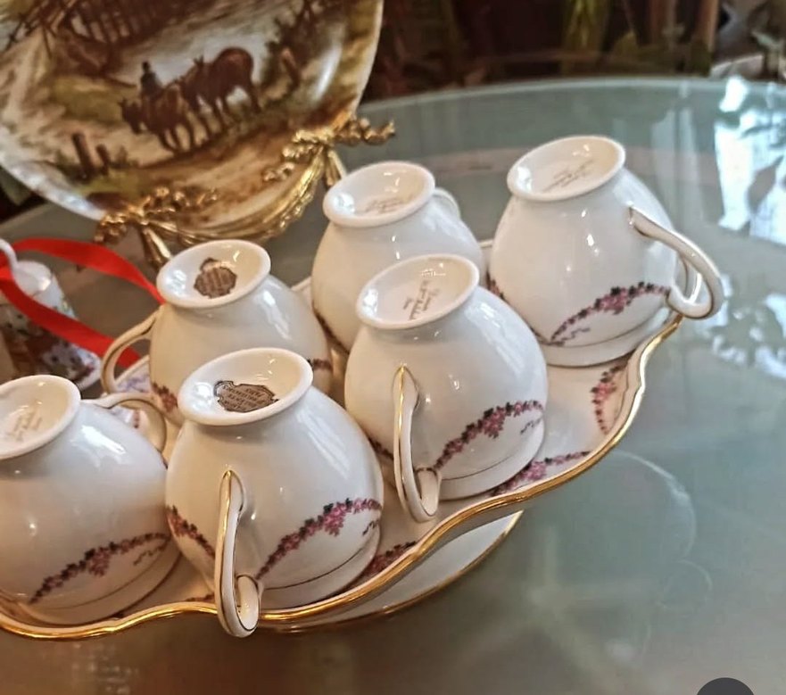 limoges , Beyaz Çiçek Desenli Porselen 6'lı  kahve Fincan Takımı - Görsel 5