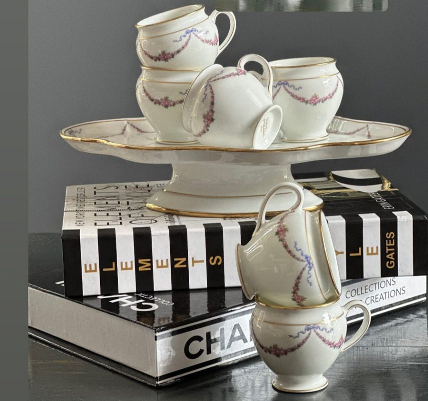 limoges , Beyaz Çiçek Desenli Porselen 6'lı  kahve Fincan Takımı - Görsel 4