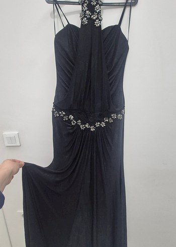 İşlemeli Siyah Straplez Uzun Abiye Elbise - Görsel 6