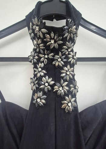 İşlemeli Siyah Straplez Uzun Abiye Elbise - Görsel 2