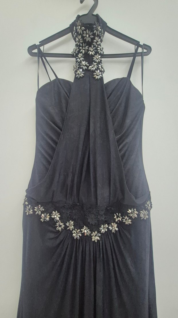 İşlemeli Siyah Straplez Uzun Abiye Elbise - Görsel 3