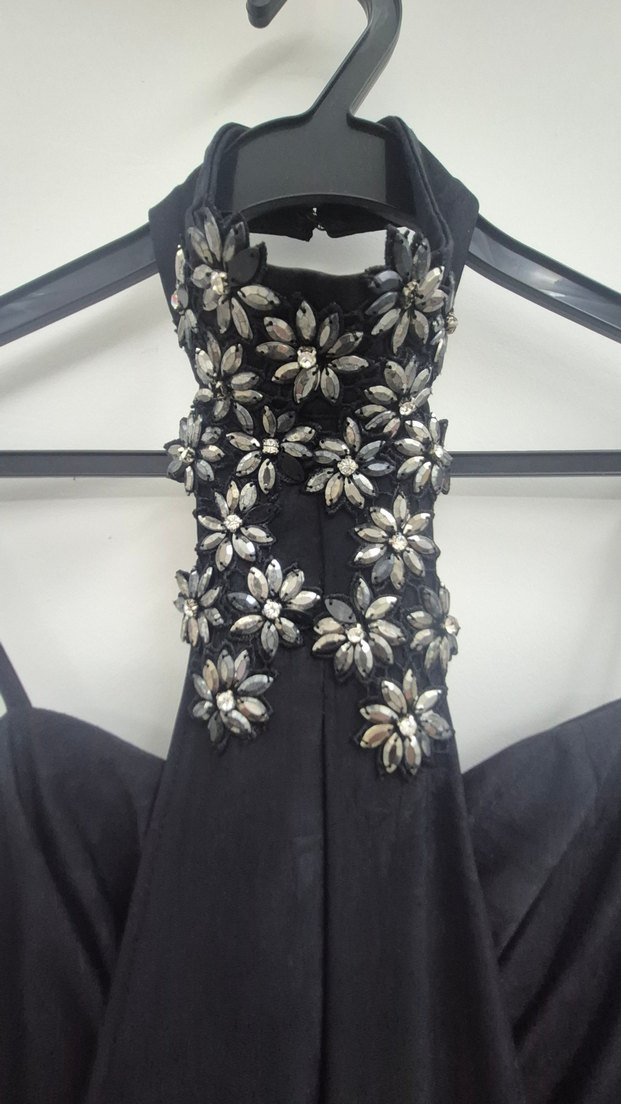 İşlemeli Siyah Straplez Uzun Abiye Elbise - Görsel 2