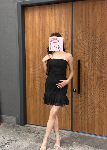 xs Beden Siyah Straplez Drapeli Midi Elbise gece elbisesi XS