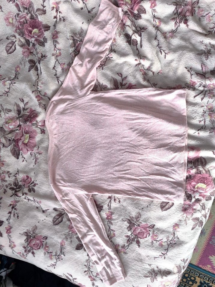 Pudra Pembe Uzun Kollu Pamuklu Tişört - Görsel 3