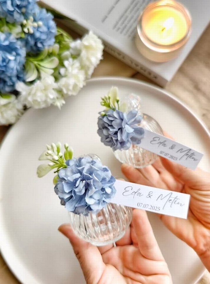 Mavi Pastel Çiçekli Cam Şişede Hediyelik - Görsel 2