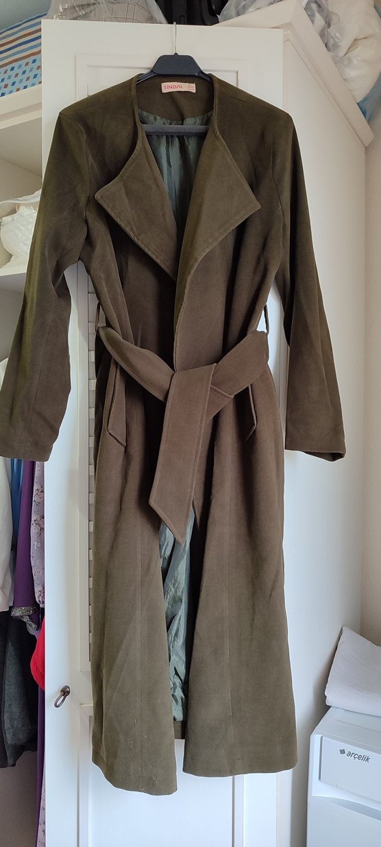 Haki yeşil Süet Uzun Kaban - Görsel 2