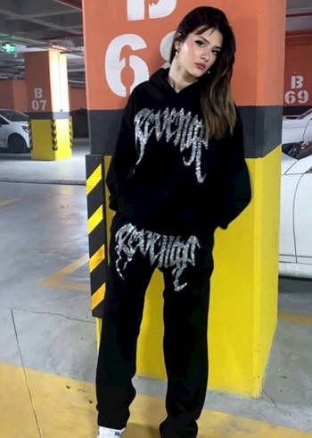 Siyah Baskılı Kadın Oversize Eşofman Takımı - Görsel 2