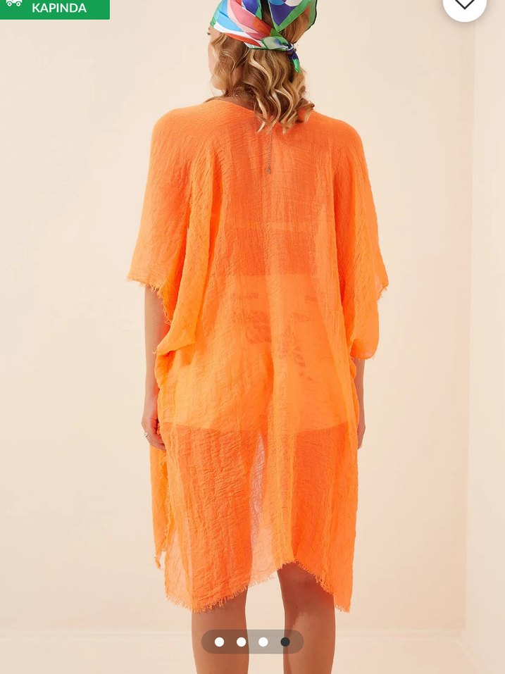 Kadın Turuncu Bağlamalı Pamuklu Kimono - Görsel 3